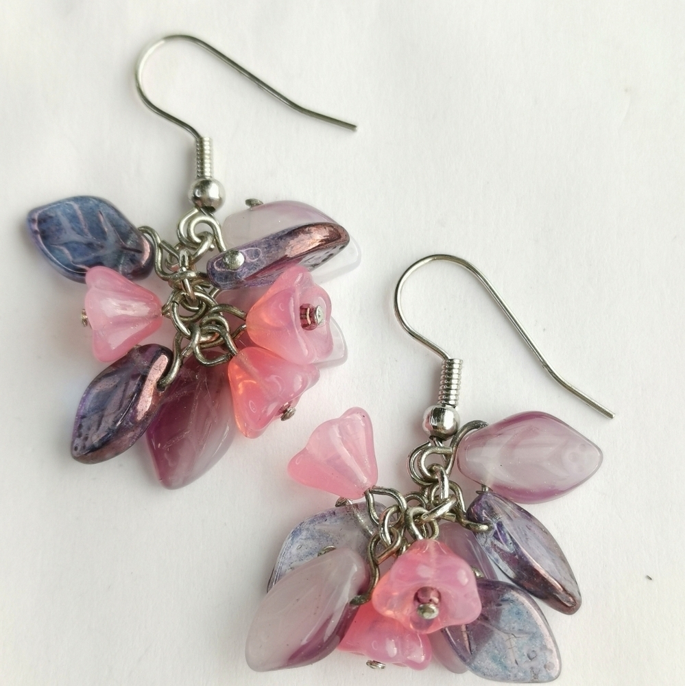 VINTAGE Czech beaded  cluster earrings purple